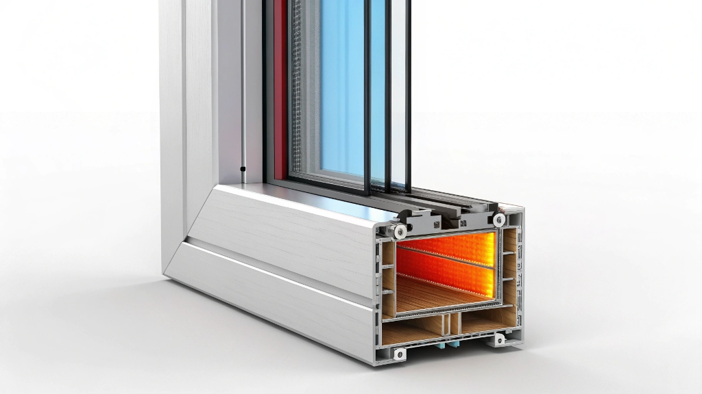 Detailed cutaway of an insulated window frame showcasing heat efficiency.