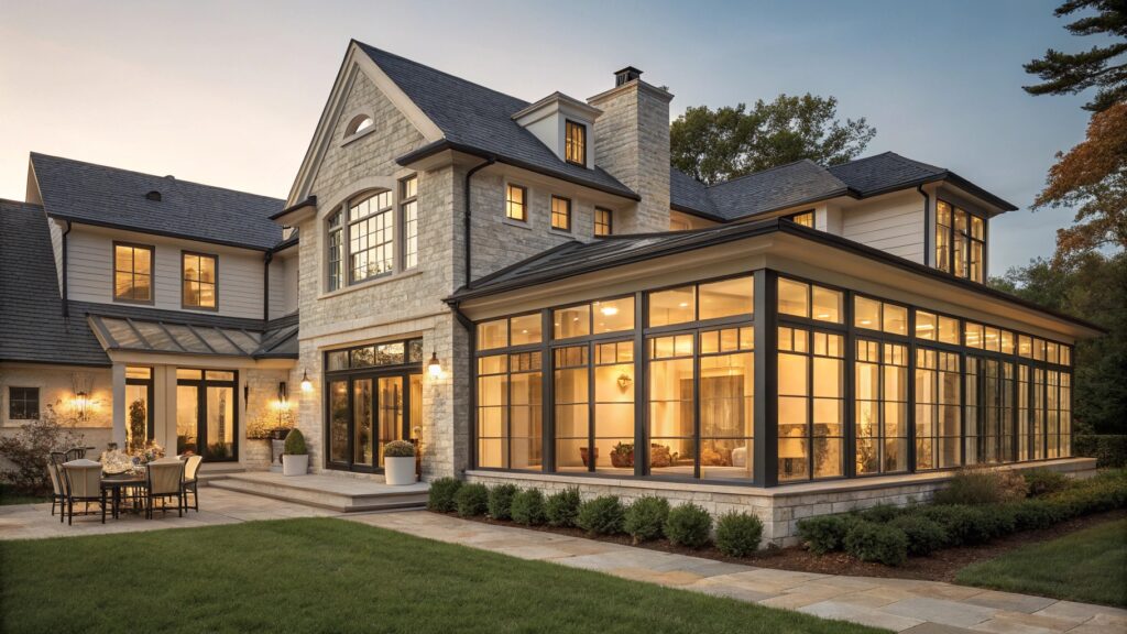 Elegant house with large aluminum windows and outdoor lighting at dusk.