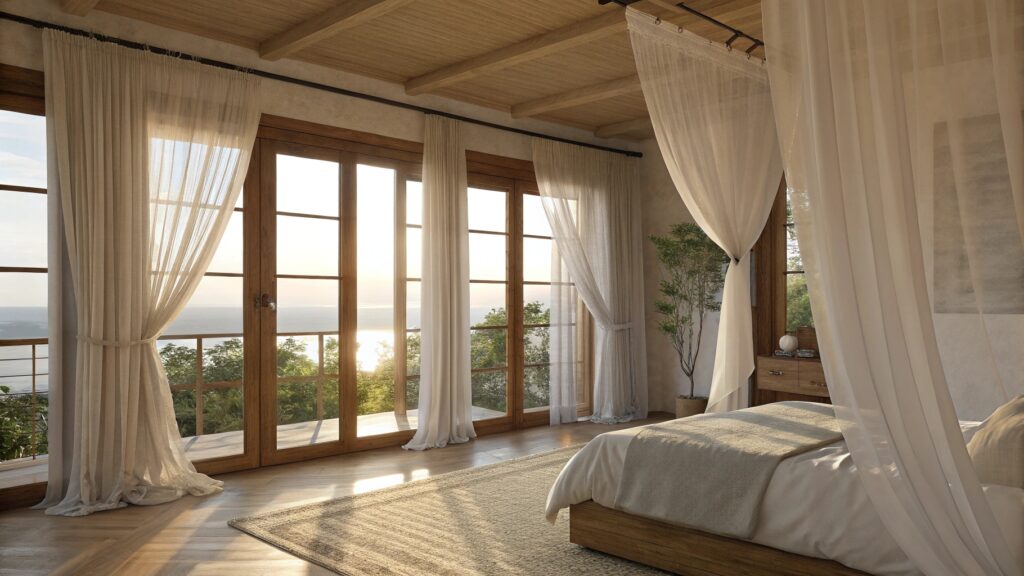 Cozy bedroom with sheer curtains framing wide wooden glass windows.