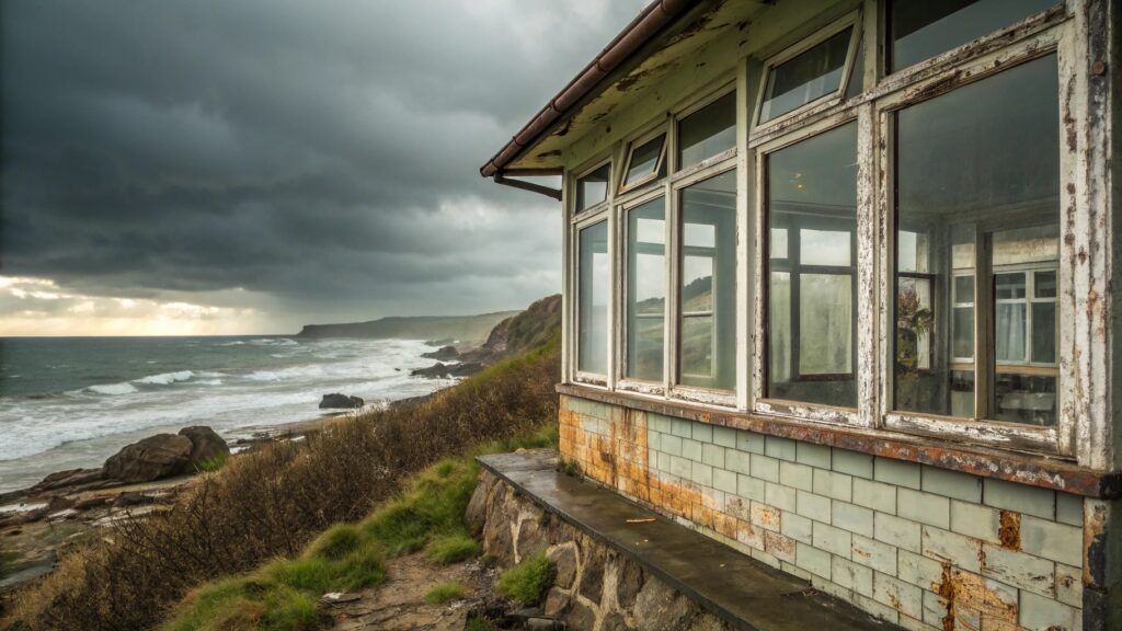 A weathered coastal house with vintage-style windows facing a stormy ocean.