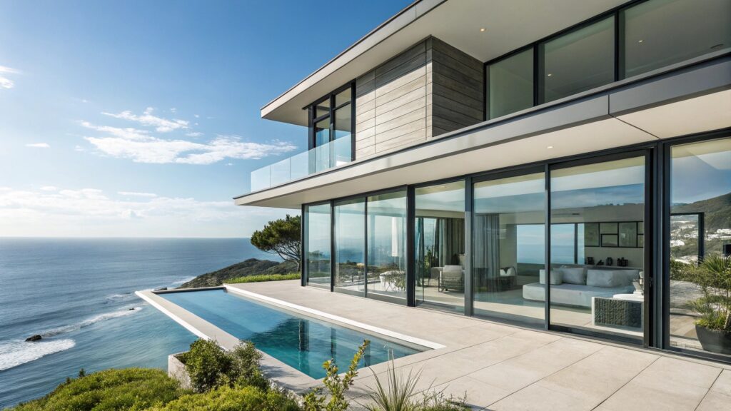 A luxurious modern home with floor-to-ceiling glass windows overlooking a scenic ocean view and an infinity pool.