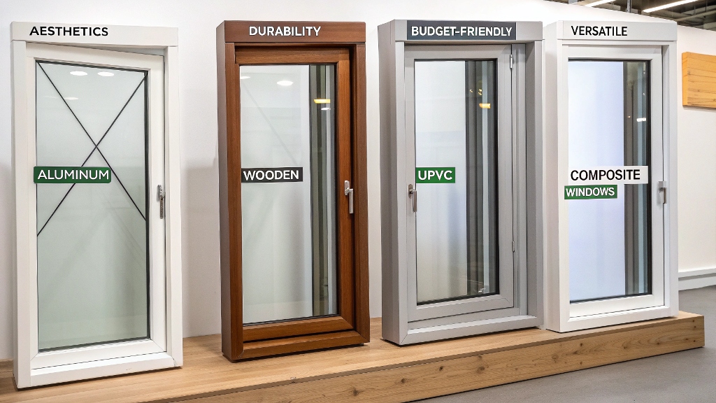 A comparison display of different window frame materials including aluminum, wood, UPVC, and composite, emphasizing their unique features.