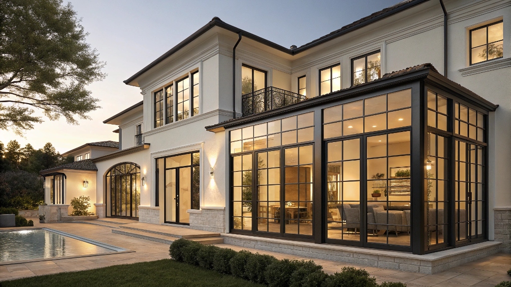 Luxury house featuring black-framed windows and a sunlit living area.