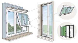 Illustration of various window types: casement, sliding, and awning styles.