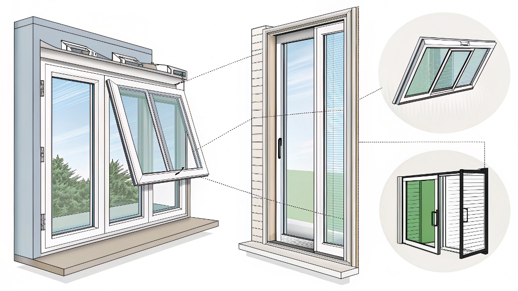 Illustration of various window types: casement, sliding, and awning styles.