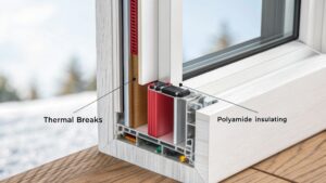 Close-up cutaway view of insulated window frame with thermal breaks.