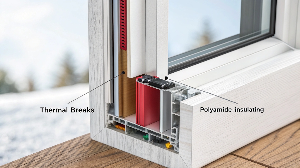 Close-up cutaway view of insulated window frame with thermal breaks.