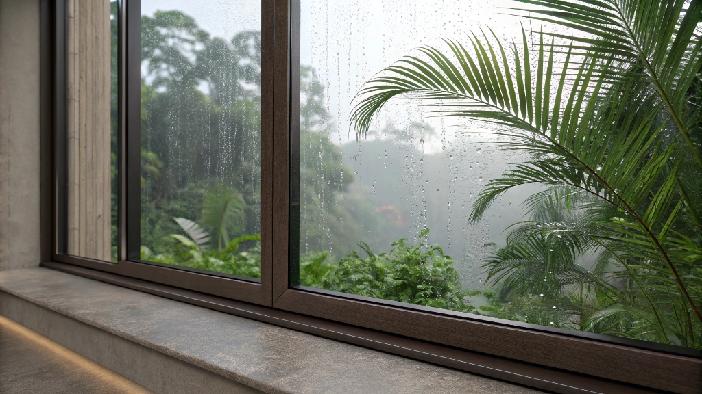 Close-up view of a rain-covered aluminum window overlooking lush greenery.