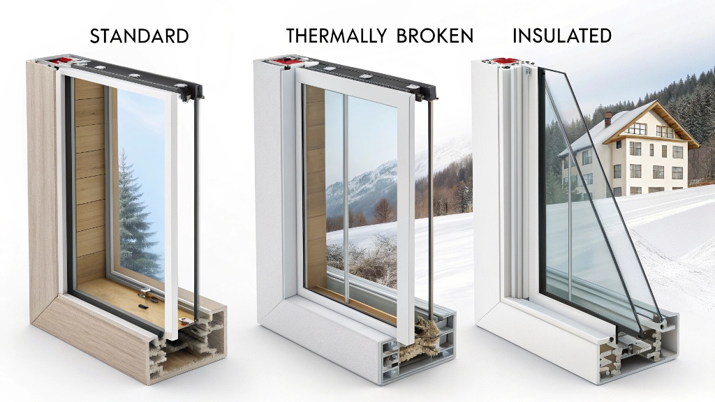 Comparative showcase of standard, thermally broken, and insulated window frames for energy efficiency.