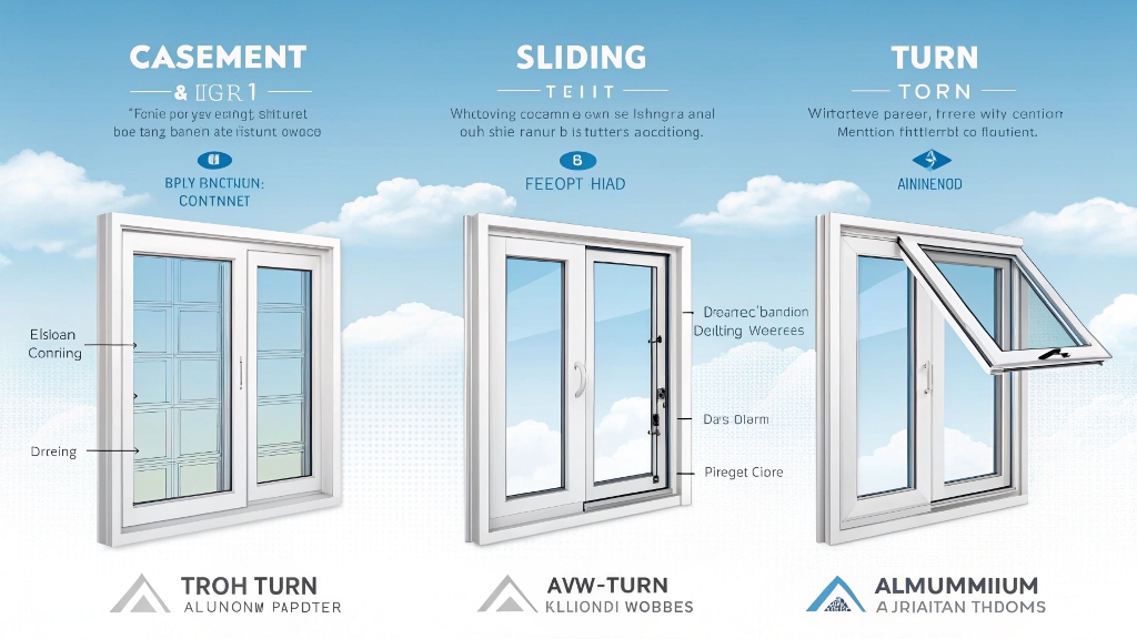 Comparison infographic illustrating casement, sliding, and turn window designs.