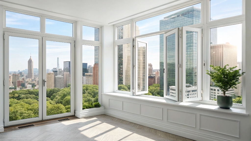 Modern interior with large white-framed windows offering a panoramic cityscape view.