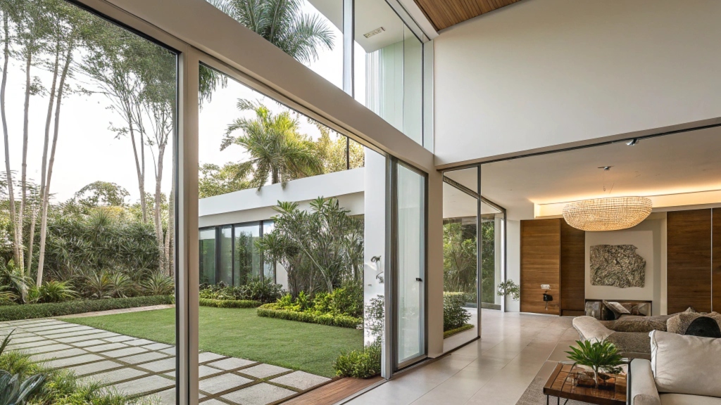 Architectural plans on desk next to sliding glass doors.