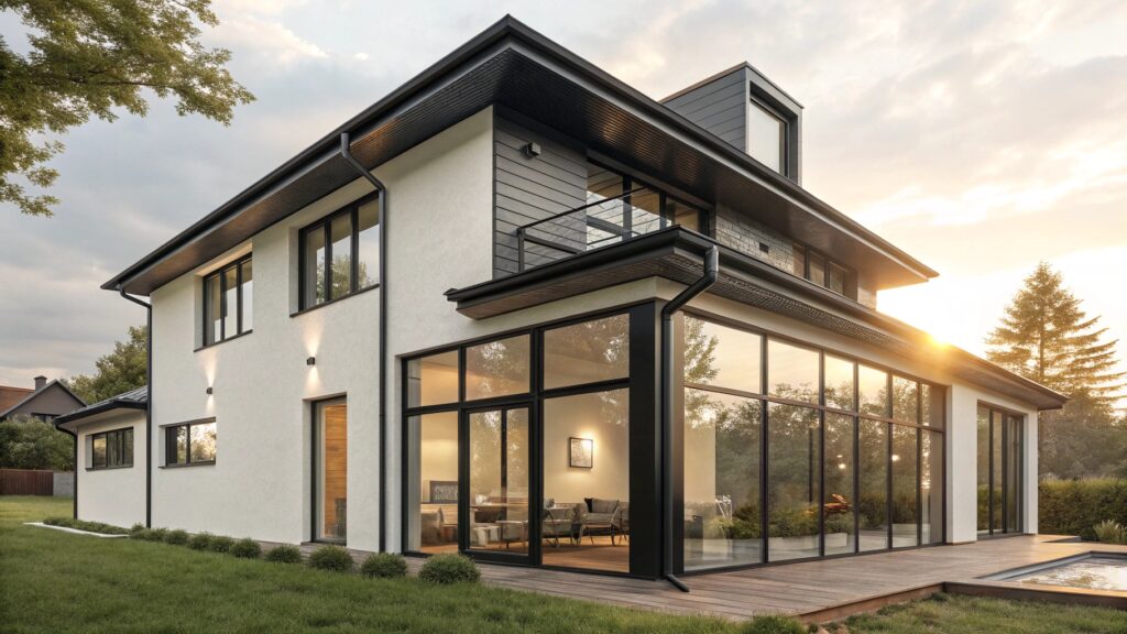 Modern house with black aluminum window frames at sunset.