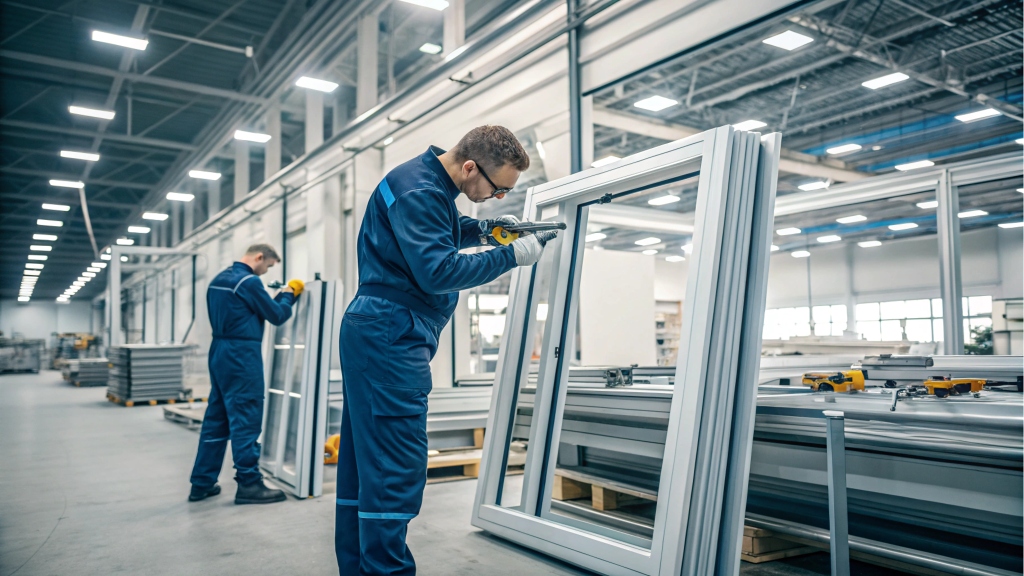 Skilled workers assembling aluminum window frames in a factory.