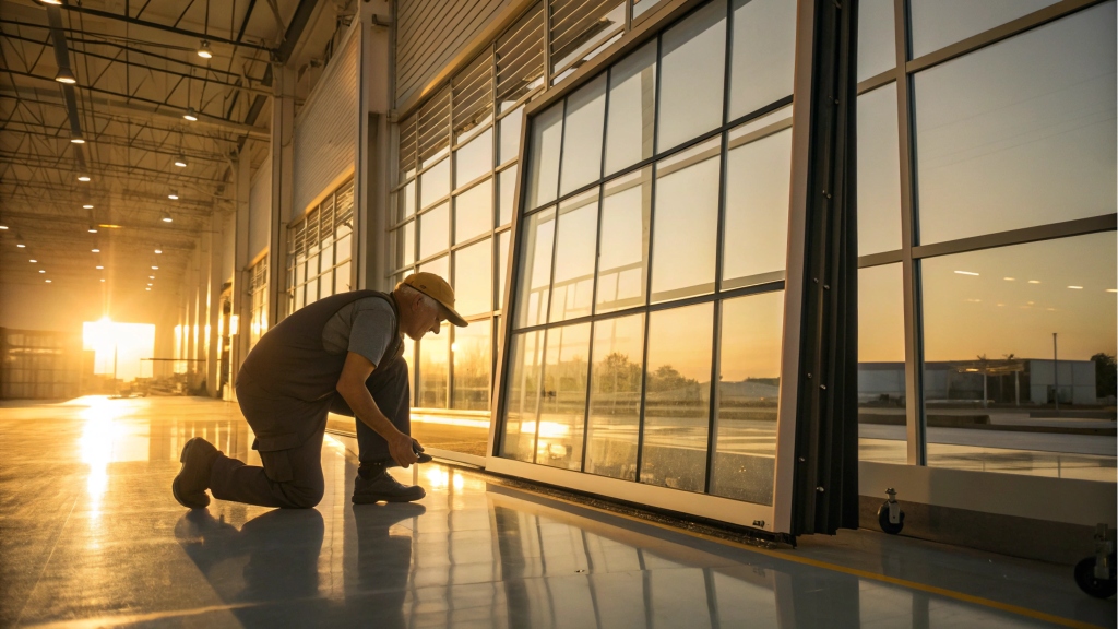 Worker installing large glass window in industrial building.