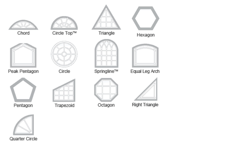 Assorted specialty window shapes like circle, triangle, and arch
