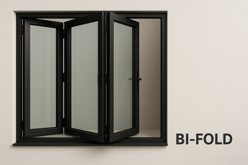 Black aluminum bi-fold window partially opened to show folding panels.