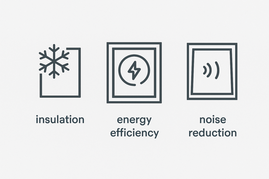 Icons showing insulation, energy efficiency, and noise reduction