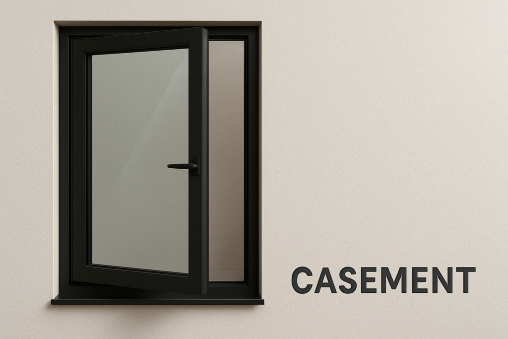 Black casement window partially open with sleek metal frame