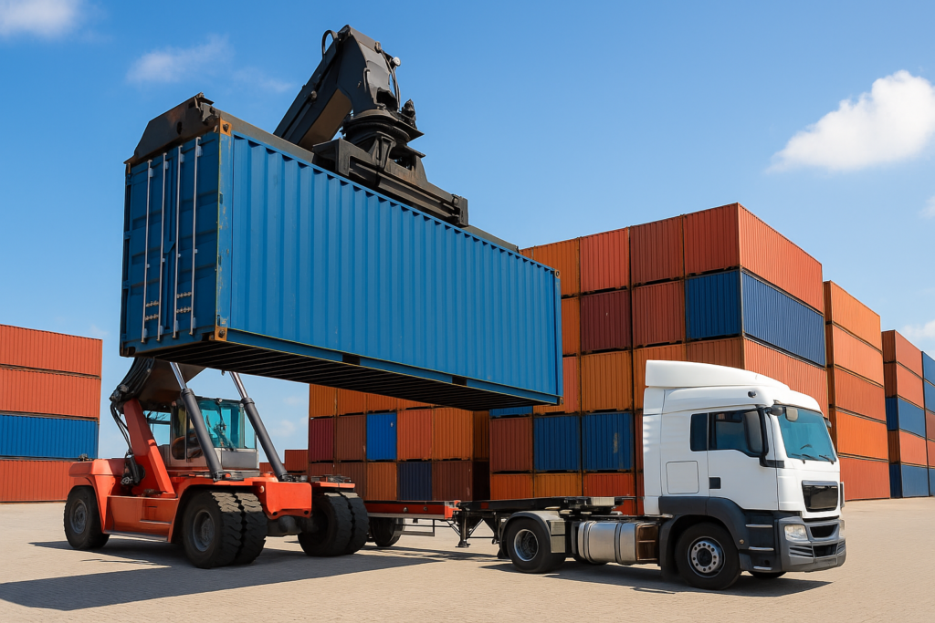 Forklift loading blue shipping container onto semi-truck trailer