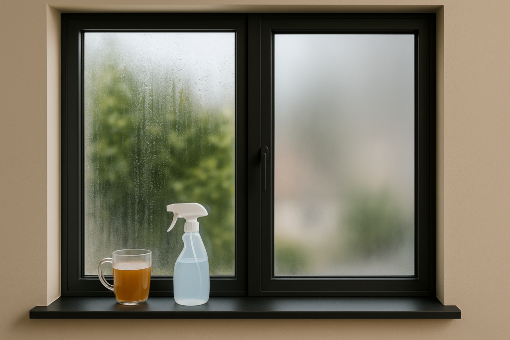 Spray bottle and tea on foggy window