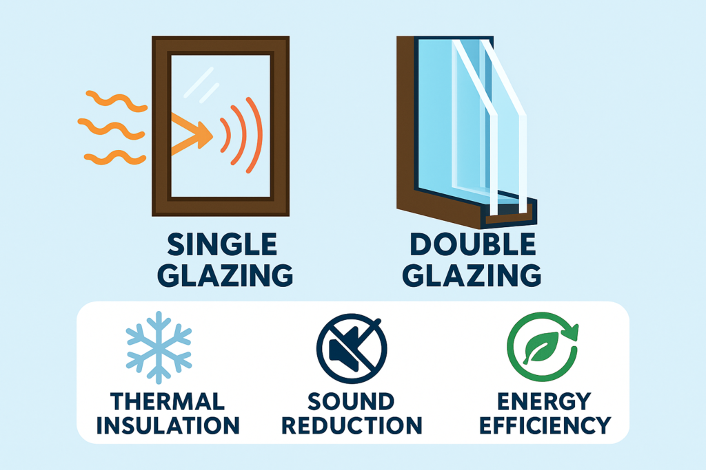 Comparison between single glazing and double glazing windows showing benefits like thermal insulation, sound reduction, and energy efficiency.