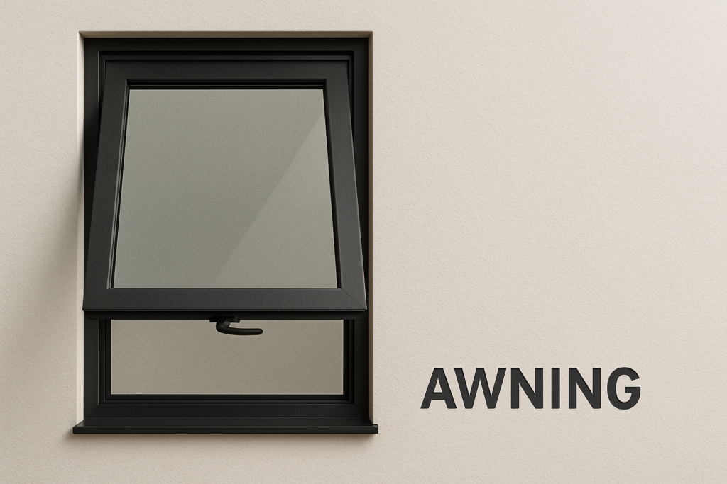 Black awning window slightly open from bottom hinge line