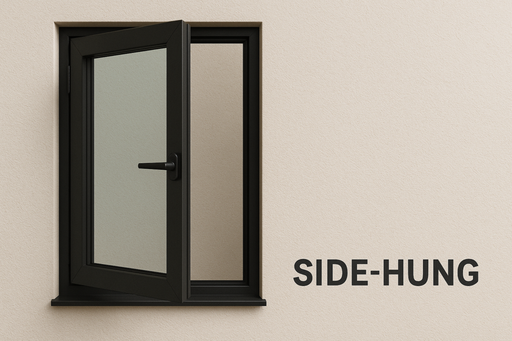 Open black side-hung window with single sash frame visible