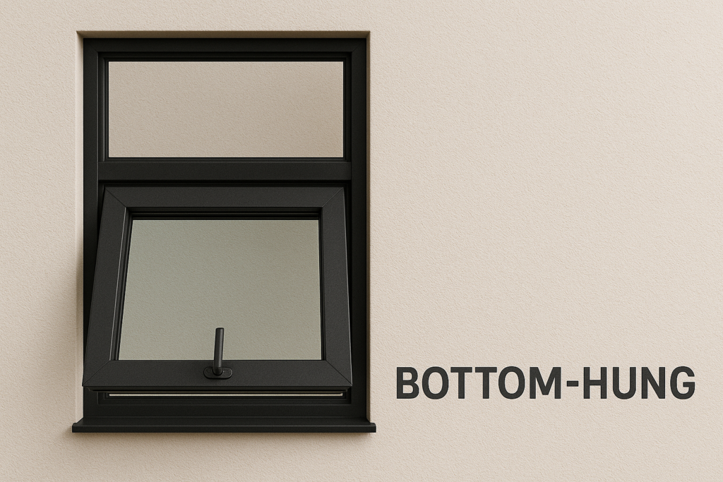 Tilted bottom-hung window with single pane and minimalist black frame