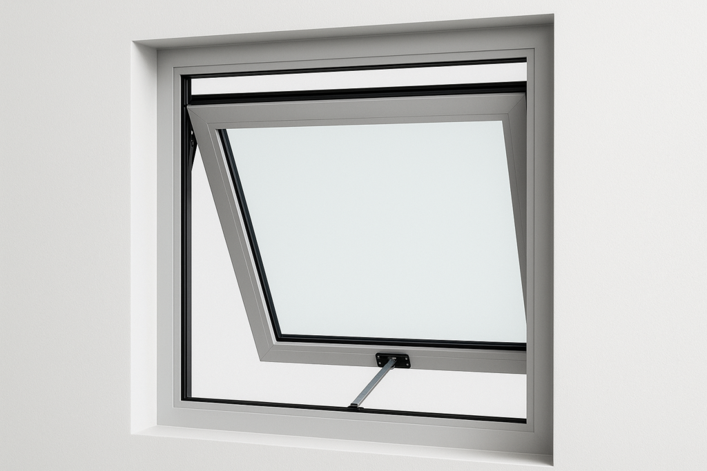 White top-hung window opening outward from top hinge