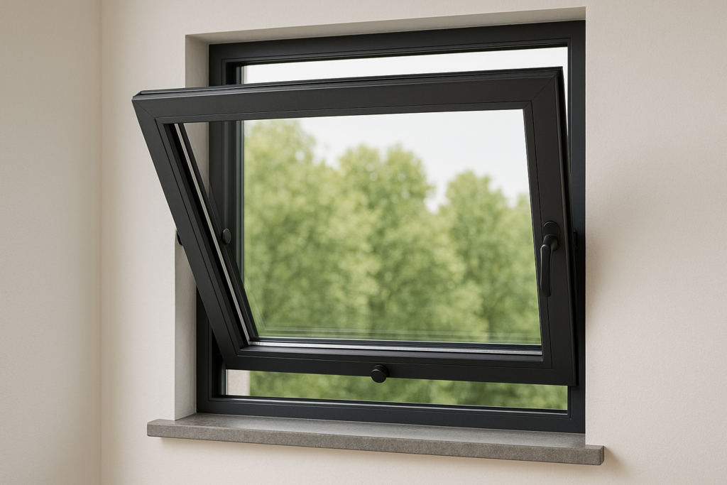 Black pivot window open from center frame axis