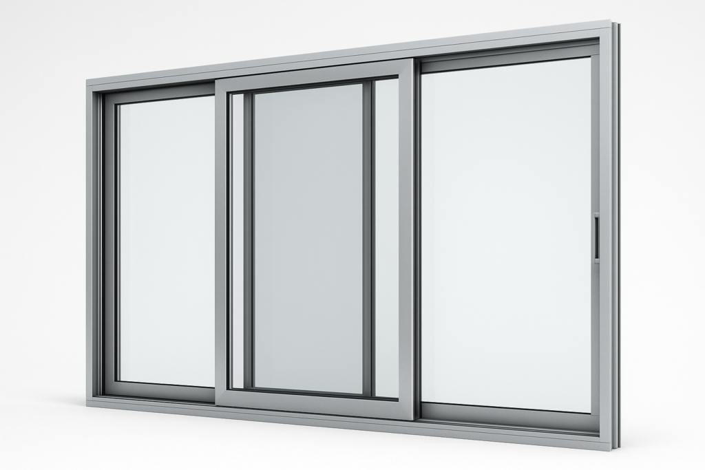 Grey stacking windows with sliding glass panels neatly aligned open