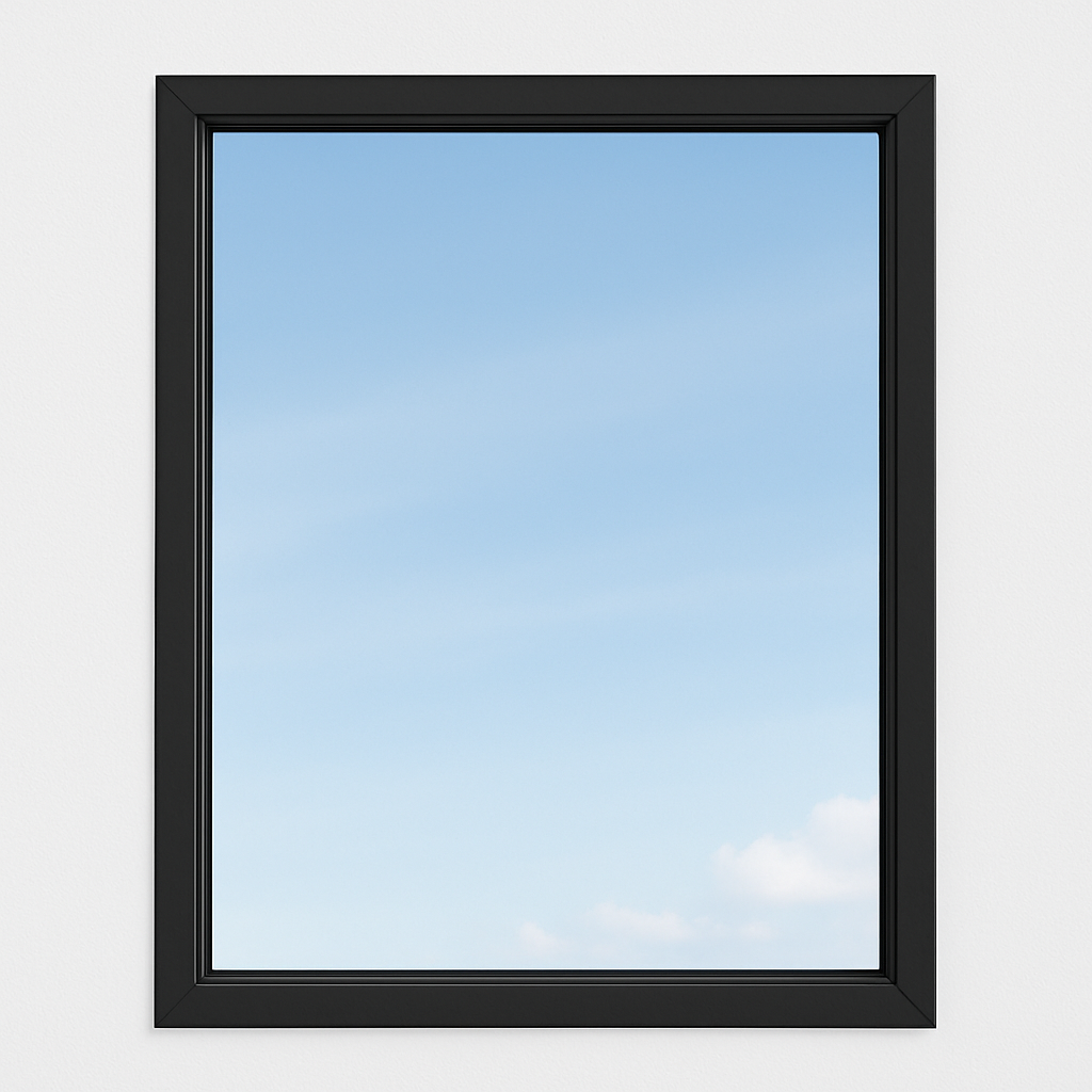 Fixed black window showing clear sky without opening function