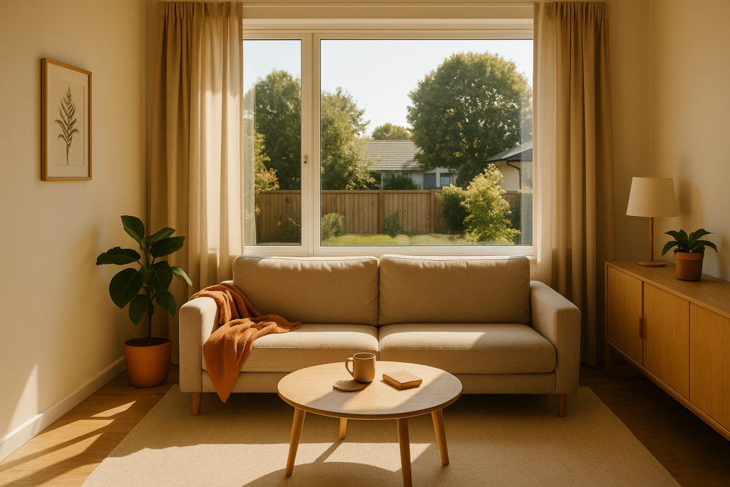 White frame fixed window in cozy living room interior