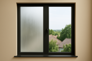 One foggy window pane beside clear one frame