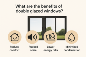 Double glazed window benefits with icons and text