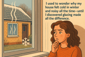Illustration of a woman looking out a window during winter, wondering why her house feels cold and noisy, with text explaining how glazing made a difference.
