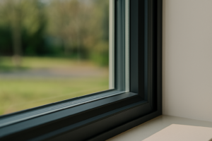 Closeup of double glazed fixed black window corner
