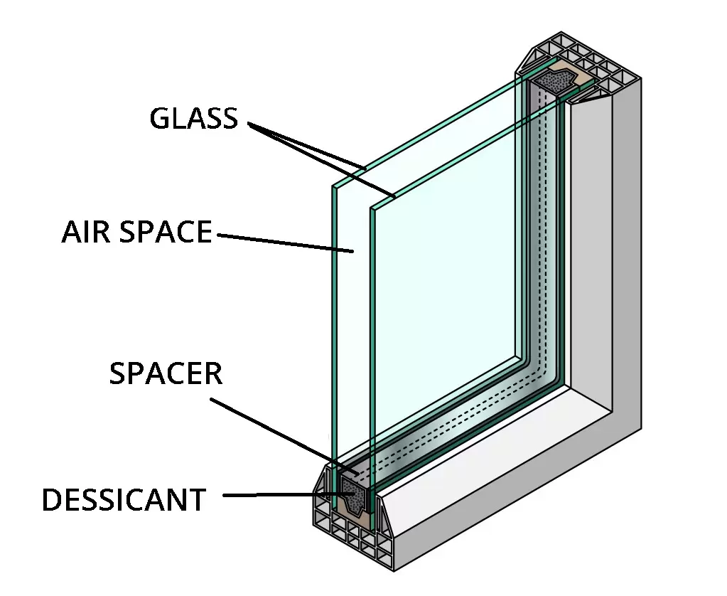 Close-up of white double glazed window cross-section