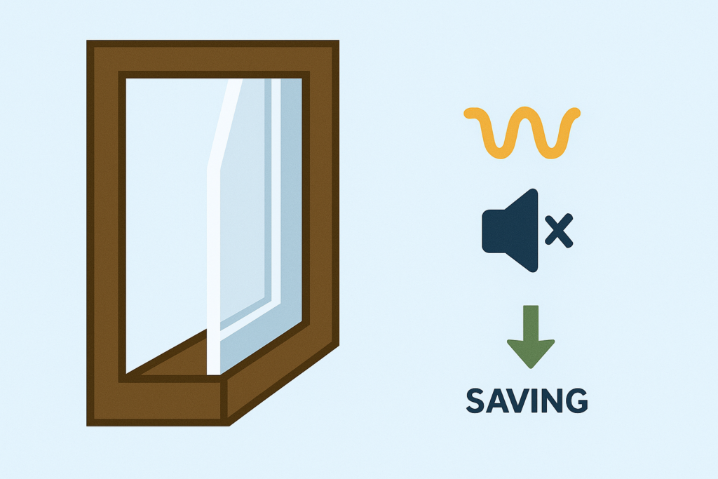 Double glazing window illustration showing benefits: heat retention, noise reduction, and energy savings.