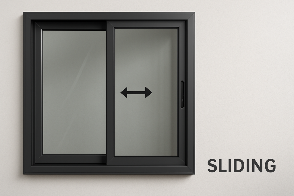 Black aluminum sliding window with horizontal opening design.