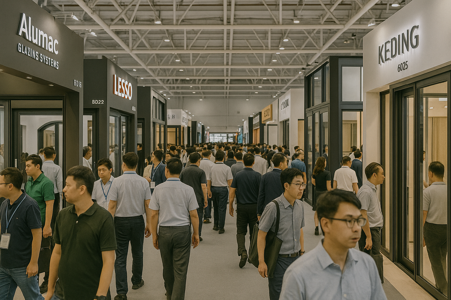 Crowded trade hall with industry booths