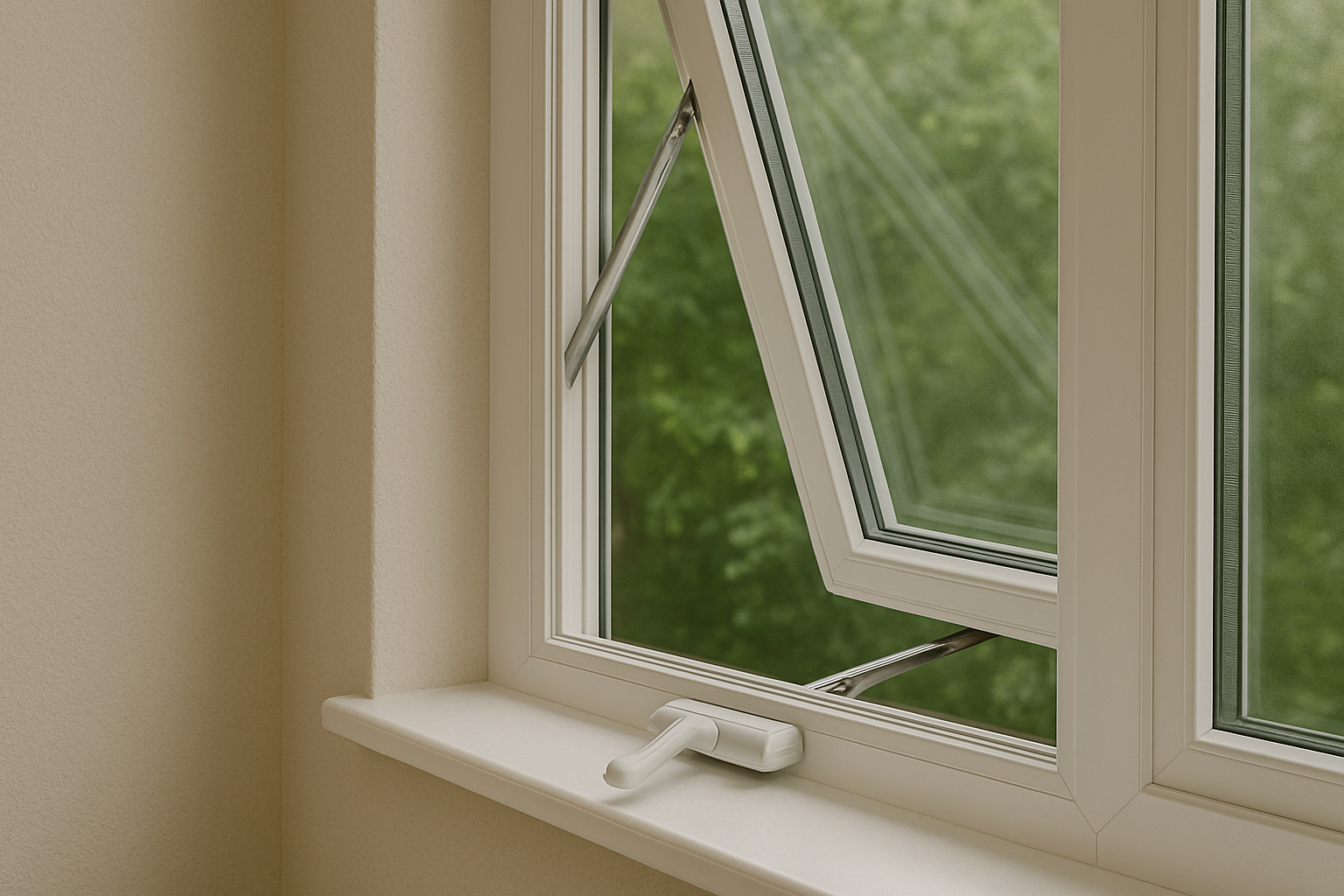 Open casement window with handle