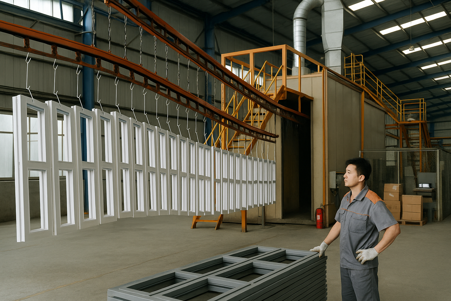 Worker inspects window frame production