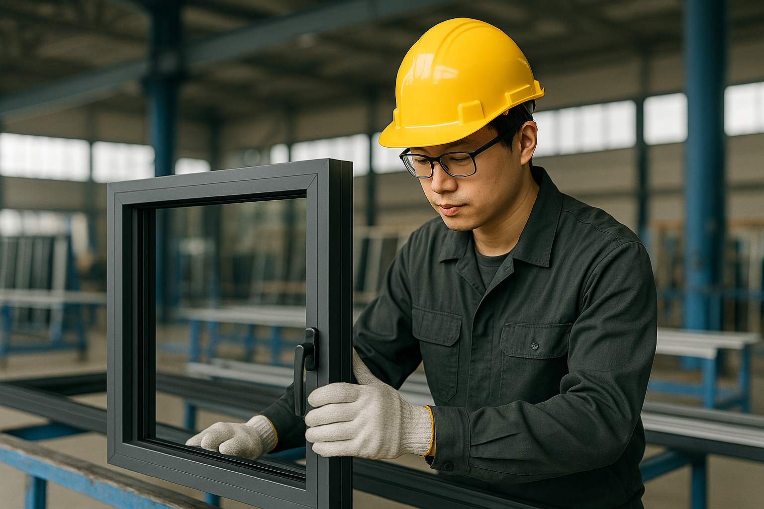 Worker handling aluminum frame precisely