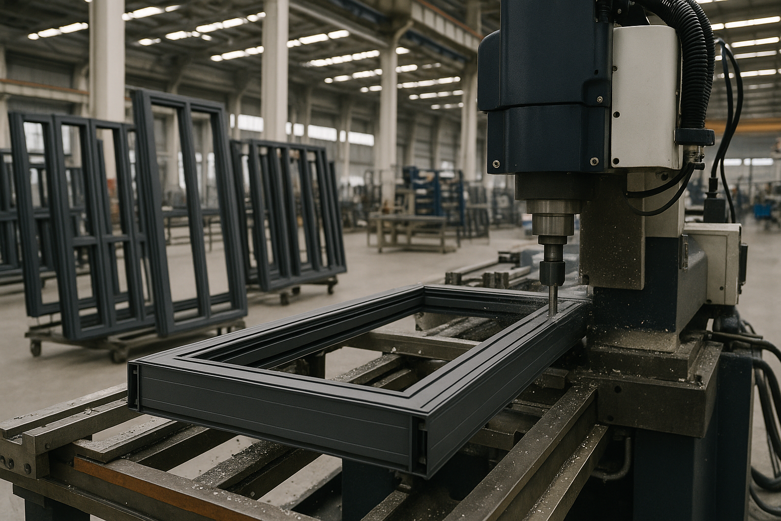 CNC machine shaping aluminum frame
