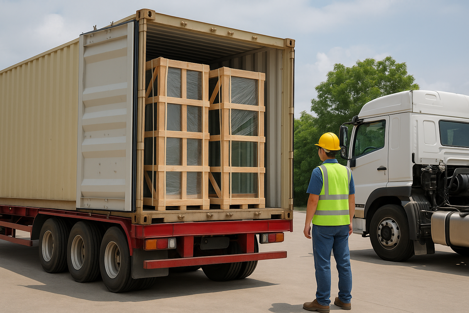 Crated windows in shipping container
