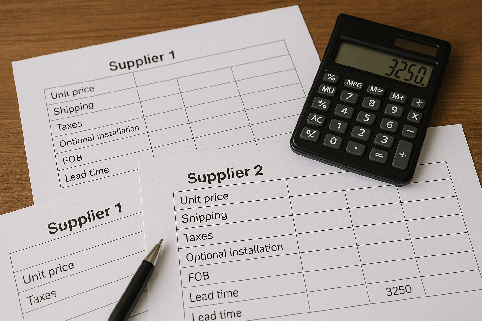 Three supplier quotes with totals and terms