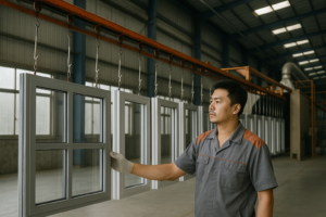 Worker examines window quality and durability