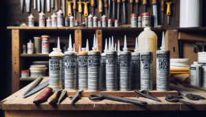 A variety of window sealant tubes and caulk displayed on a workbench, each labeled for different uses on aluminum frames and glass.